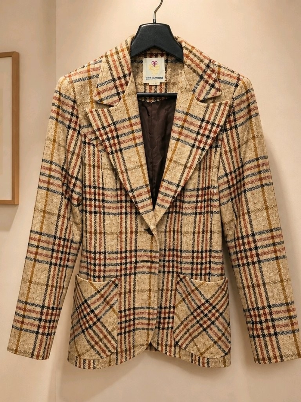 Womens College Town Vintage 70s 80s Checked Tweed Blazer Jacket - Beige Plaid